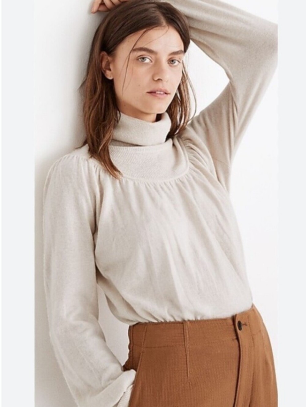 Madewell cream color balloon sleeve yoke detail neckline turtleneck sweater